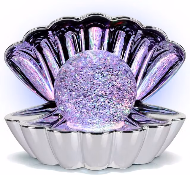 Lampada da tavolo con conchiglia, perla e cromoterapia LED multicolore in metallo e vetro color argento