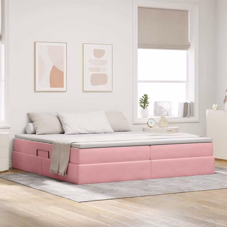 Letto con contenitore e materasso ibrido vidaXL in velluto rosa L/P/H: 200 x 200 x 48,5 cm