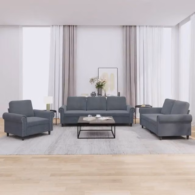 Set di divani moderno vidaXL in velluto grigio composto da un divano a 3 posti e un divano a 2 posti con cuscini coordinati
