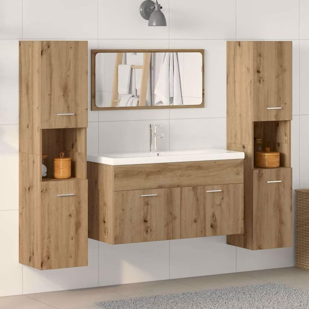 Set di mobili da bagno vidaXL 4 pezzi in legno rovere marrone con mobile lavabo, armadietto con specchio e mobile laterale