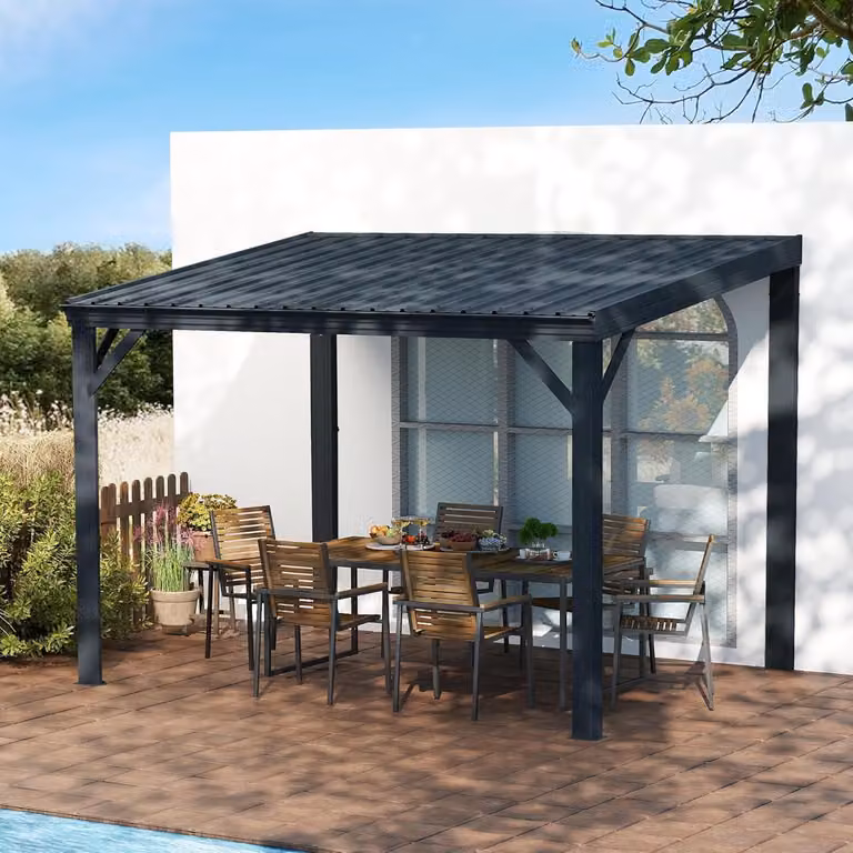 Gazebo da parete, grigio, dimensioni 3 x 3,6 metri, dotato di sistema di drenaggio e tetto in acciaio zincato