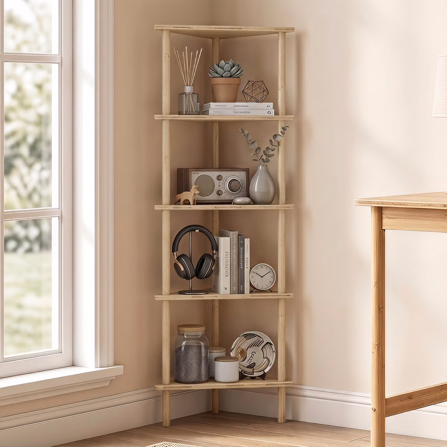 Scaffale Angolare HOMCOM in Bambù con 5 Ripiani, Finitura Naturale Beige – 2