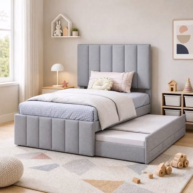 Letto imbottito singolo 90 × 200 cm con letto estraibile 3 cassetti testiera regolabile cotone e lino grigio