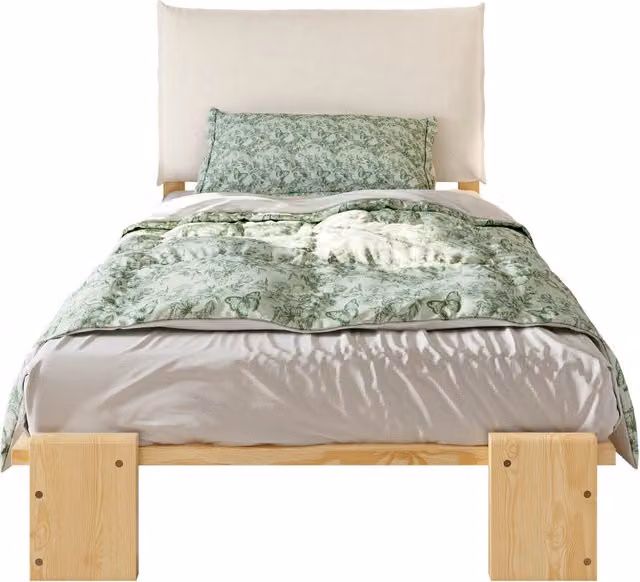 Letto singolo per bambini 90x200 in legno naturale con testiera imbottita， senza materasso