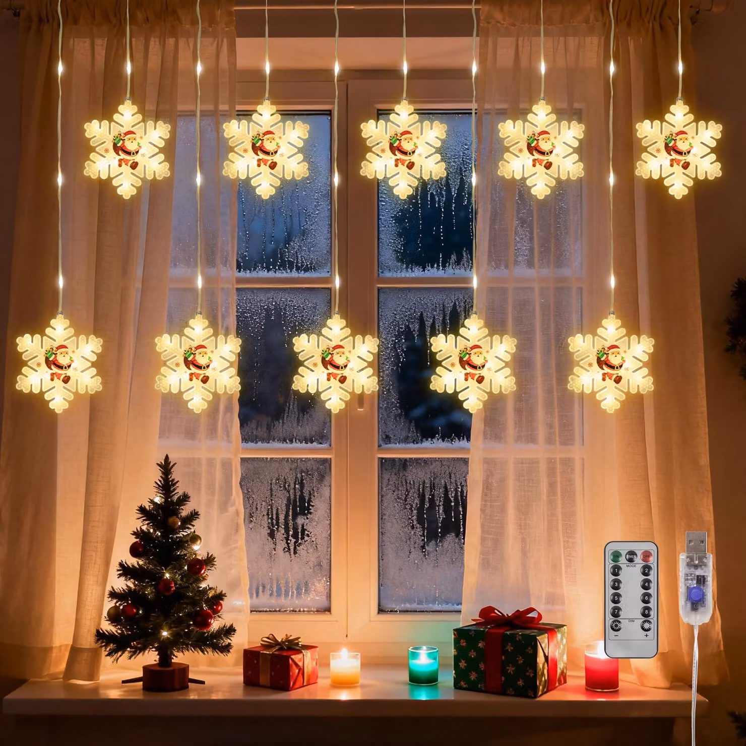 Tenda luminosa a LED, 3 metri, 10 fiocchi di neve, 8 modalità, timer, alimentazione USB