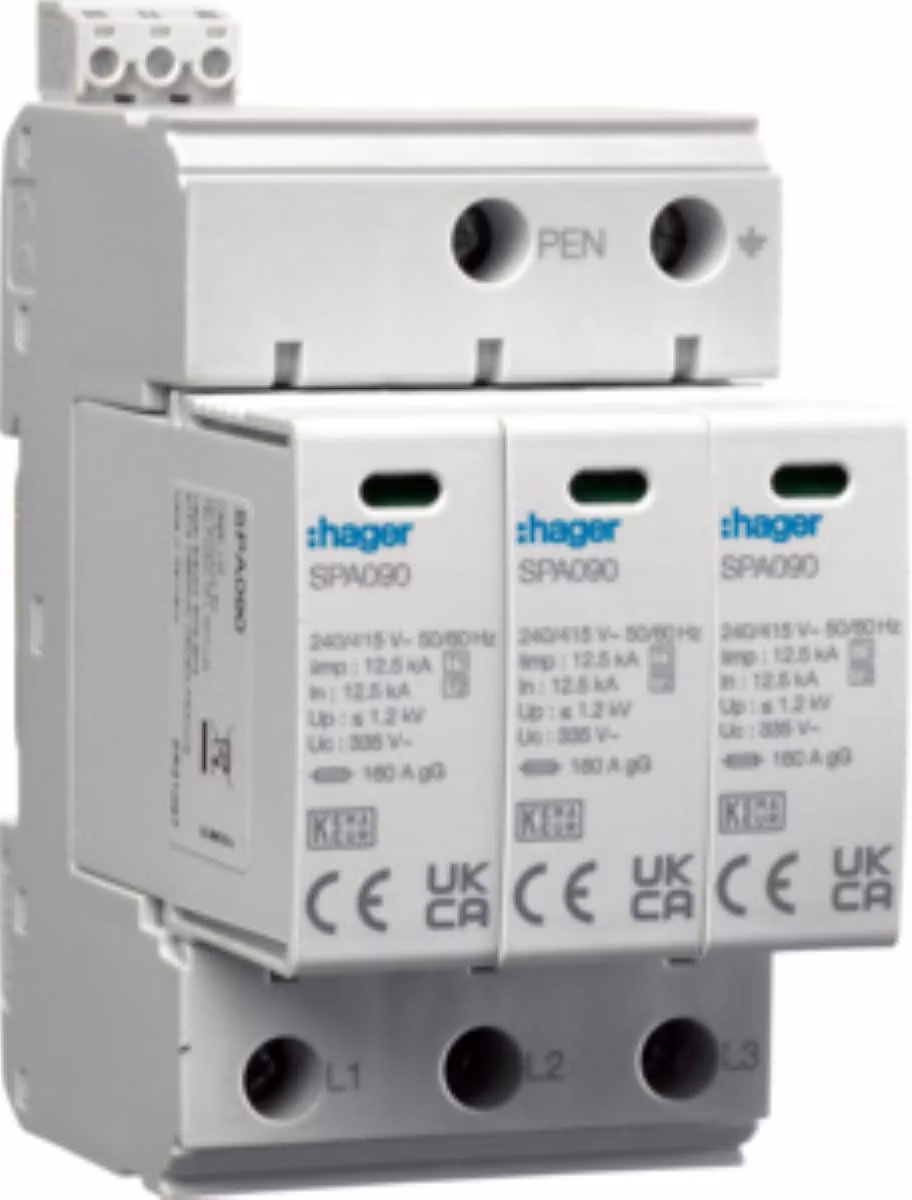 HAGER SPD Scaricatore di sovratensione T1+T2 3P Rete TN-C Iimp 37,5kA In 50kA Up 1,2kV Contatto SPA930