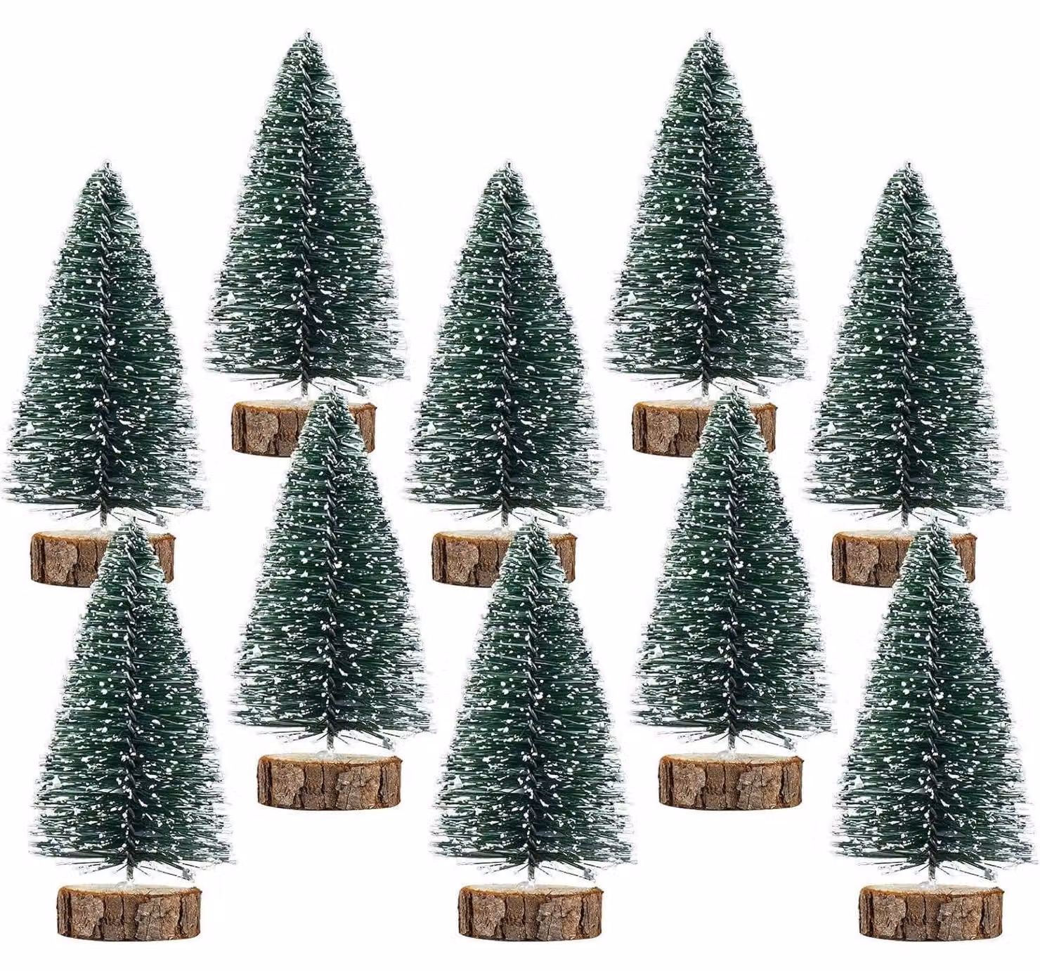 Albero di Natale artificiale, mini, 10 cm, set da 10, verde scuro, con effetto neve