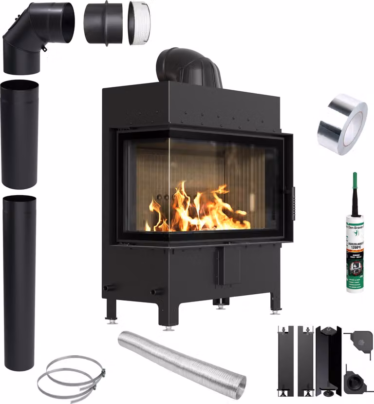 Camino KRATKI LUCY Sinistro 14 kW Ø200 NERO Set di montaggio con serratura