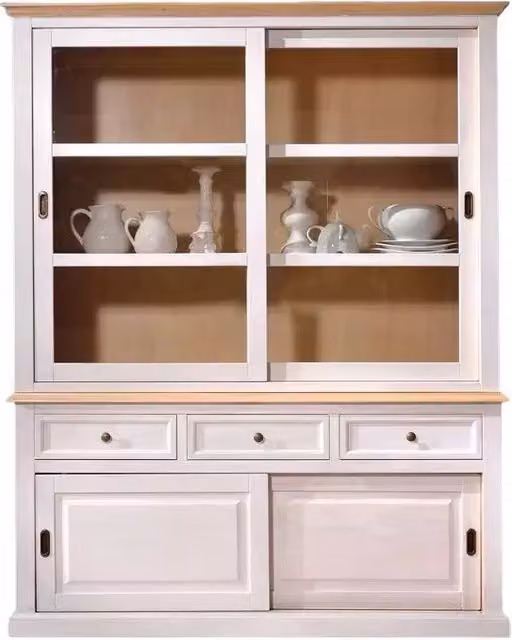 Cristalliera Mobili 2G con 2 porte scorrevoli in legno e vetro bianco e naturale L: 157 cm, P: 53 cm, H: 200 cm