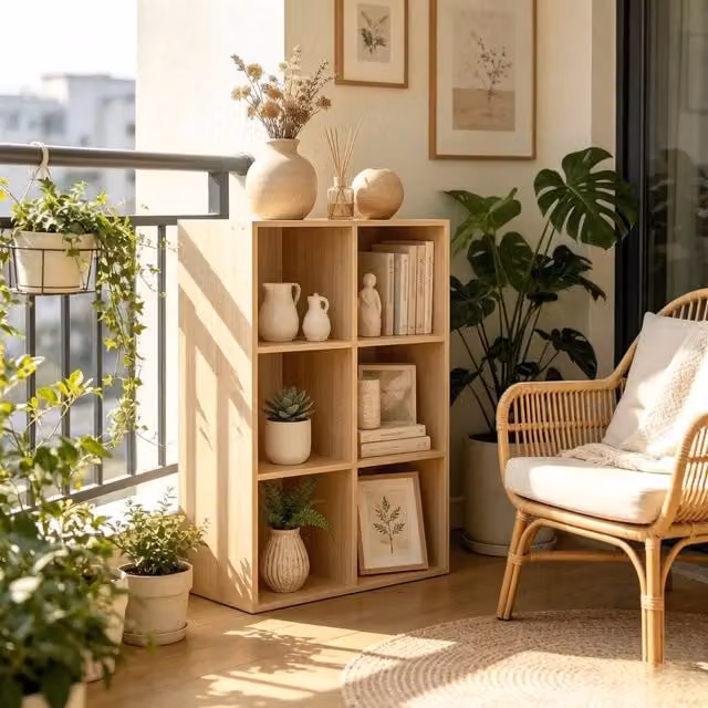 Libreria Cube OKWISH in legno MDF con 6 vani autoportanti, design moderno rovere, colore marrone