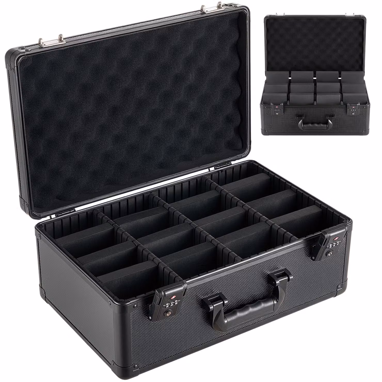 Contenitore per la conservazione di carte collezionabili SucceBuy, adatto per 152 carte PSA-Slab, con spazio per 120 carte SGC, 100 carte BGS, 550 toploader o più di 999 carte sfuse. Dotato di 4 file, 12 scomparti divisori e serratura approvata TSA