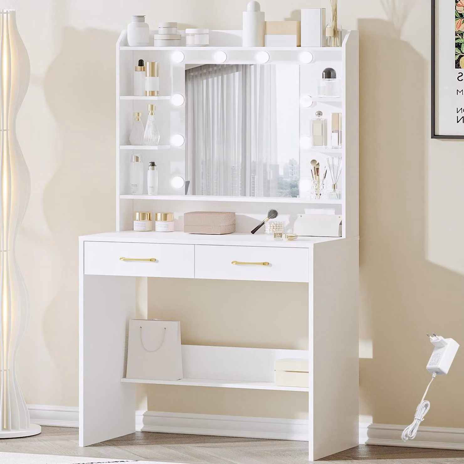 Comò da trucco con specchio e 2 cassetti, bianco, 40 x 80 x 149 cm