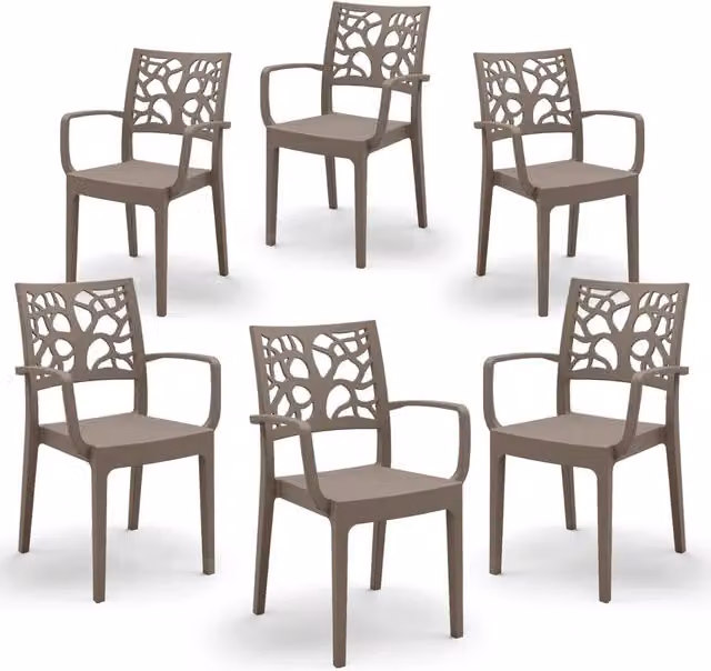 Set 4 sedie con braccioli in polipropilene TETI, impilabile, resistente ai raggi UV, design moderno, ideale per ambienti interni ed esterni, colore Tortora
