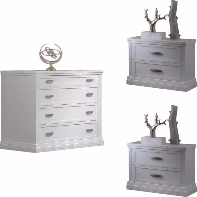 Set di mobili da camera da letto Mobili 2G composto da una cassettiera e due comodini in legno stile shabby bianco – 2