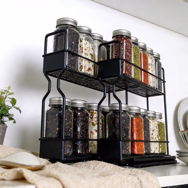 Organizzatore per erbe aromatiche a 2 livelli, da fissare senza fori, scaffale metallico per mantenere la cucina ordinata, design multifunzionale per l'utilizzo nei cassetti