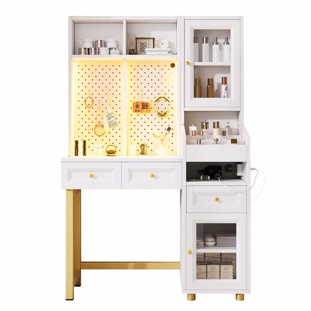 Truccatore Minimal con LED e vetrina, bianco e oro, con 3 cassetti e prese USB e Type-C, L/P/H: 100 x 45 x 156 cm – 2