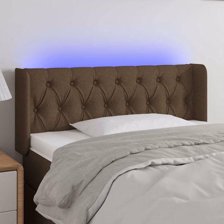 Testiera per letto vidaXL in tessuto marrone con illuminazione LED e porta di ricarica USB, L: 93 cm, P: 16 cm, H: 78-88 cm