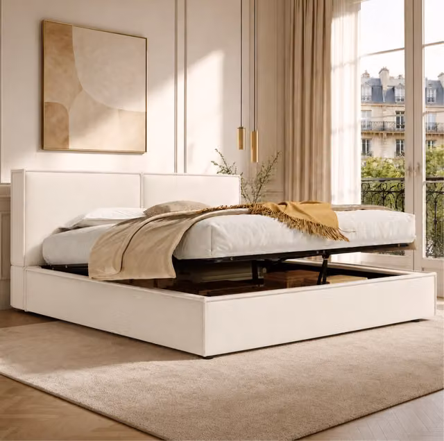 Letto imbottito contenitore con apertura idraulica 180x200 cm; rete a doghe inclusa; lino beige