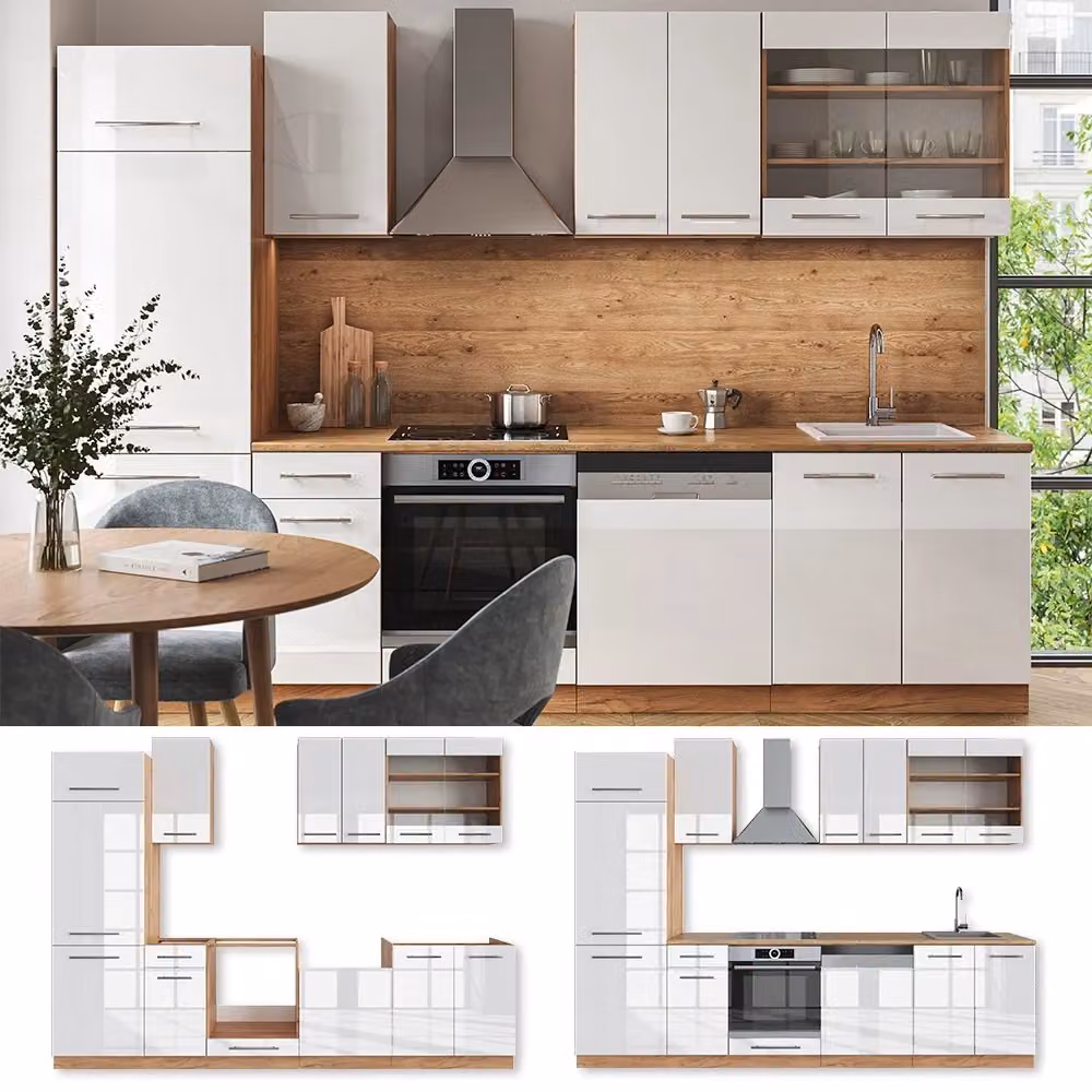 Cucina componibile Fame-Line Vicco Bianco lucido e Rovere dorato L: 300 cm – 2