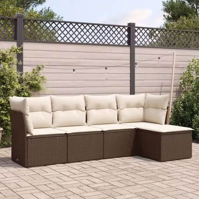 Set Divano da Giardino 5 pz con Cuscini-Sofa da Giardino-Divanetto da esterno Marrone in Polyrattan 921528
