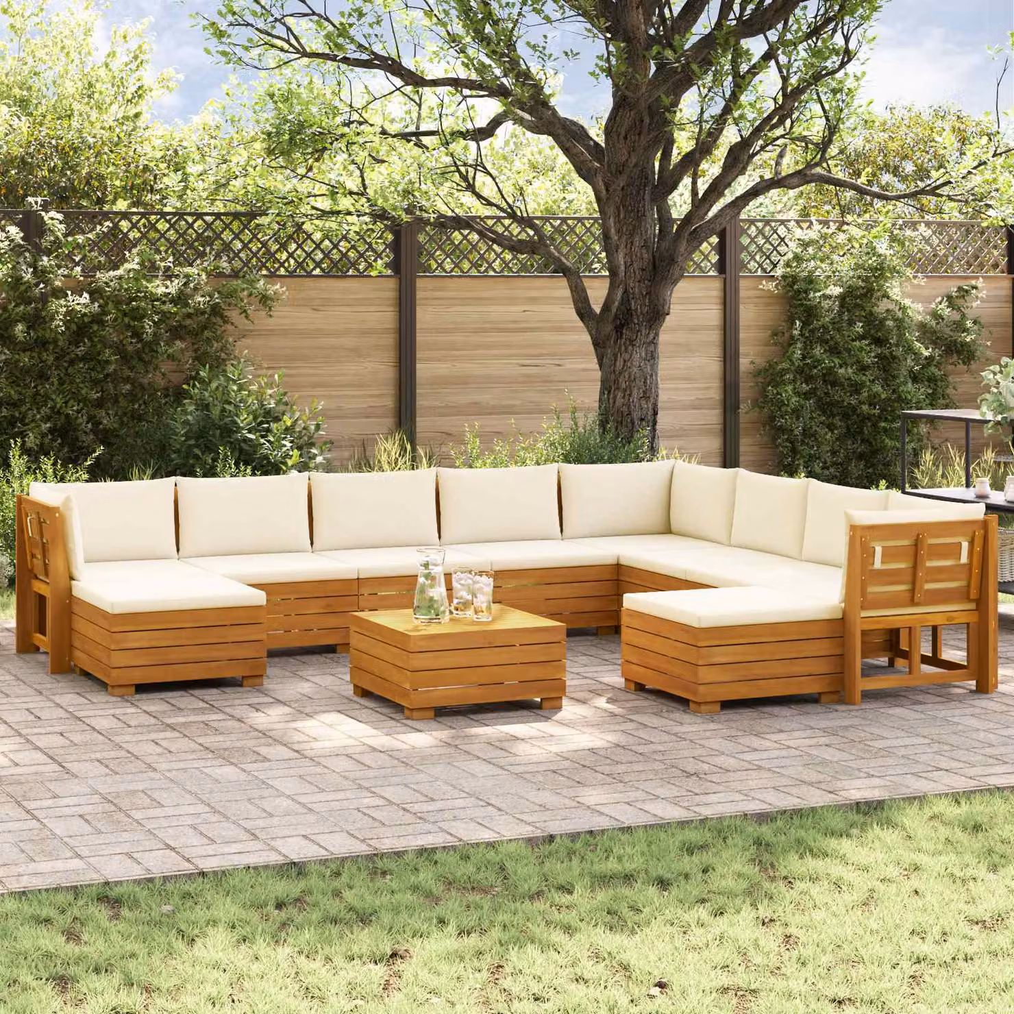 Set di divani da esterno vidaXL 11 pz in legno di acacia massello marrone con cuscini beige e tavolino da giardino a forma di U