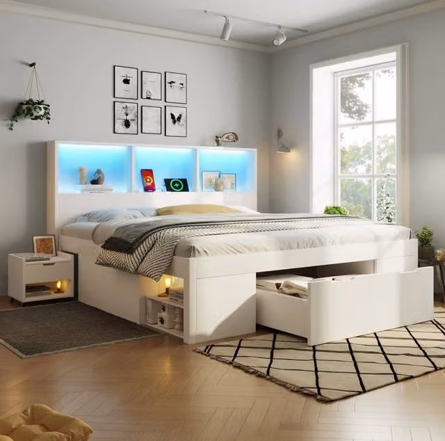 Letto matrimoniale 140x190 cm con 2 comodini mobili; cassetto; LED; USB e Type-C; bianco