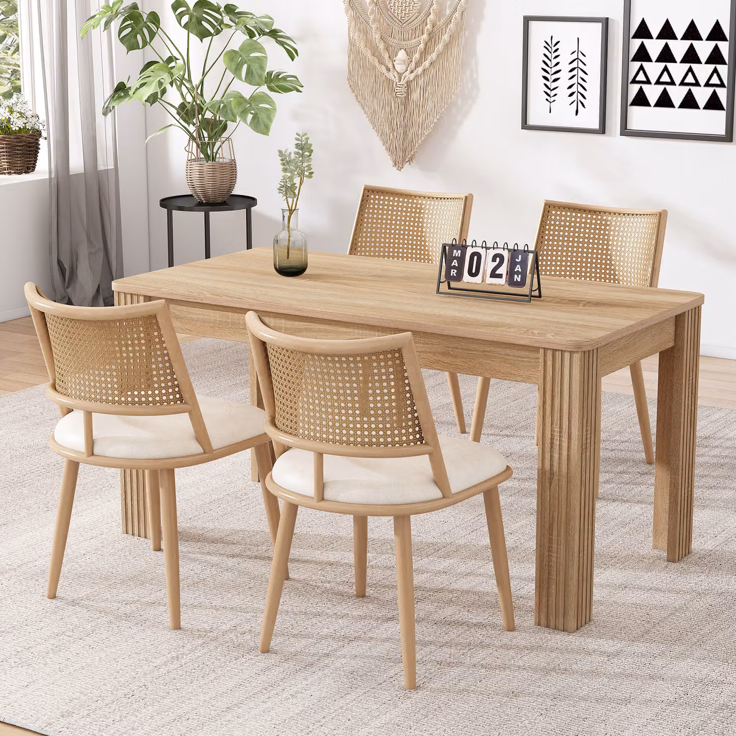 MODFU - Sedia da pranzo imbottita (set di 4 pezzi) con gambe in legno, sedia da pranzo con schienale in rattan, tavolo. Sedia da pranzo adatta per soggiorno e camera da letto, color beige