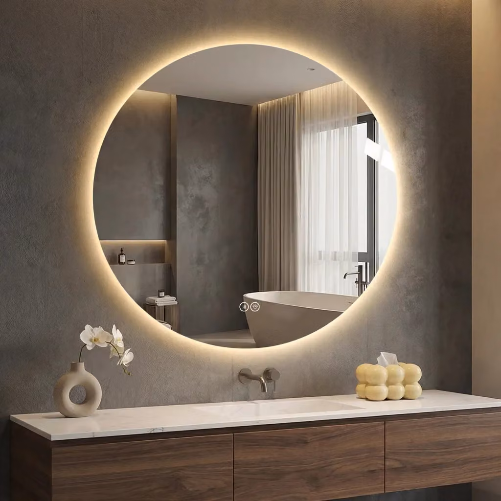 Specchio da bagno rotondo OKWISH con retroilluminazione LED dimmerabile, 3 colori di luce, funzione antiappannamento e memoria, colore argento, Diametro: 77 cm – 2