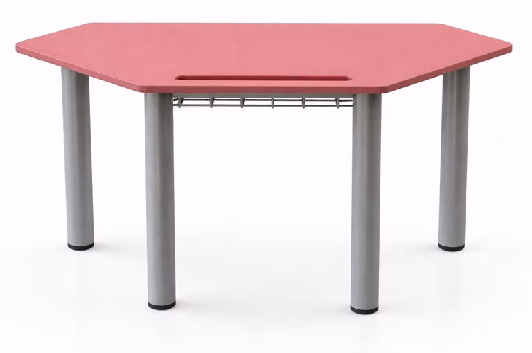 Moderno banco di scuola esagonale con piano rosso e pratico ripiano