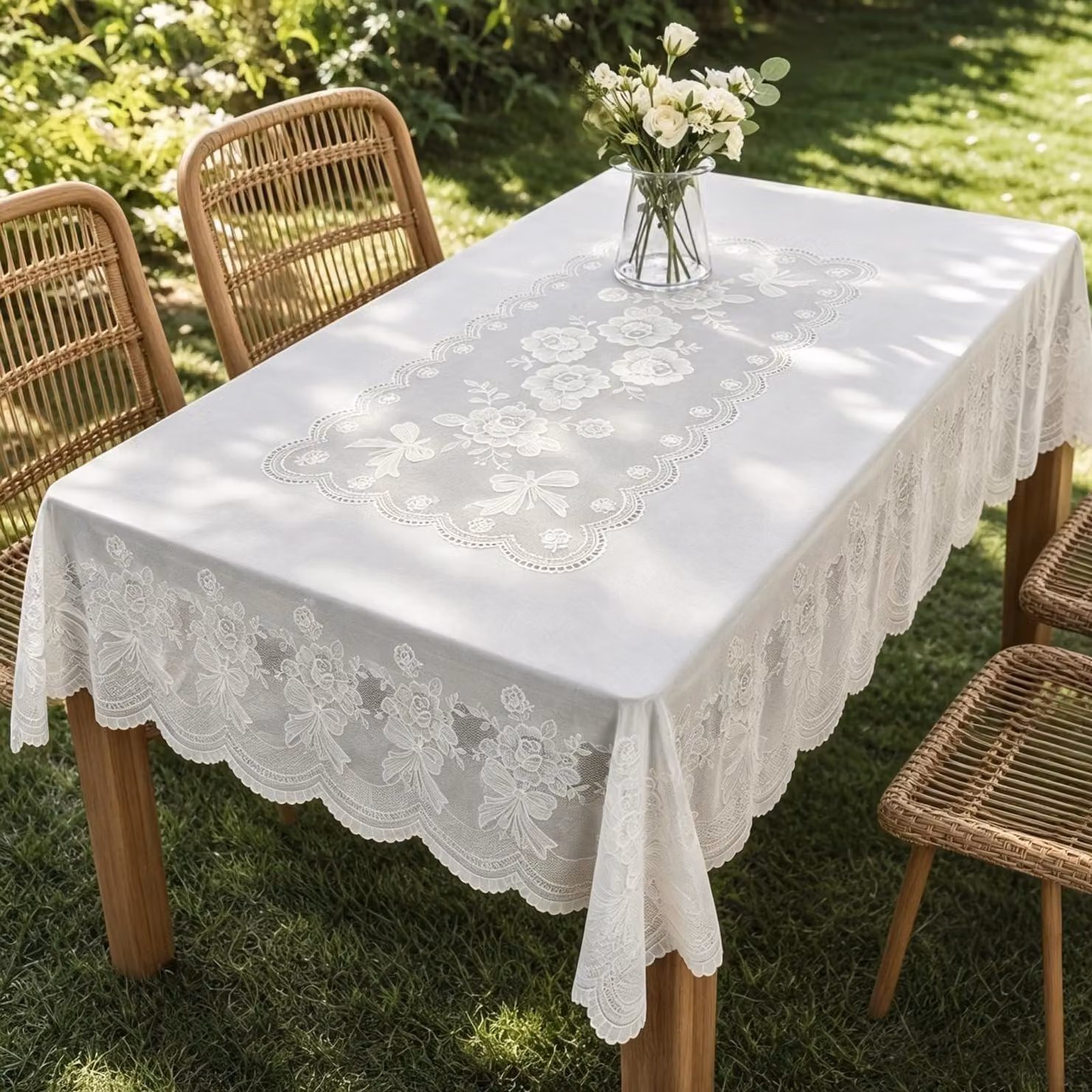 Solidchoice - Tovaglia da esterno bianca per tavolo da giardino, con bordo in pizzo, realizzata in PVC resistente alle intemperie