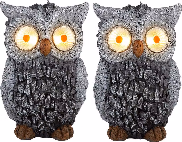 set di 2 luci solari a LED, design gufo in pietra, grigio, H 19,5 cm