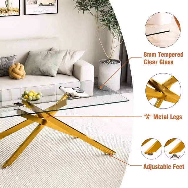 Tavolino basso rettangolare OKWISH con piano in vetro trasparente e struttura in metallo dorato per soggiorno L/P/H: 120 x 60 x 46 cm