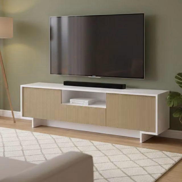Mobile porta TV Atina DMORA Made in Italy, Bianco e Beige con un cassetto, L: 170 cm, P: 42 cm, H: 48 cm – 1