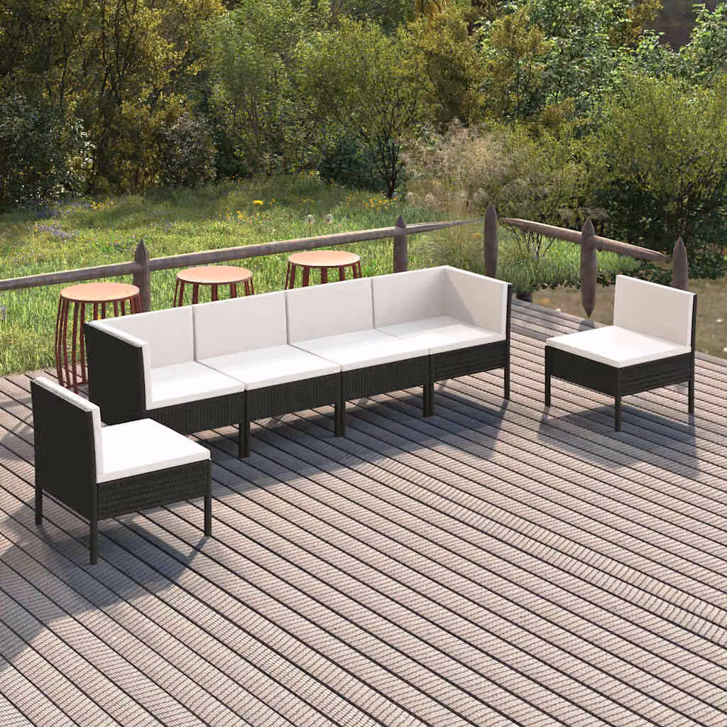 Set di divani da giardino vidaXL a forma di L composto da 6 pezzi con cuscini bianchi e struttura in rattan nero e metallo