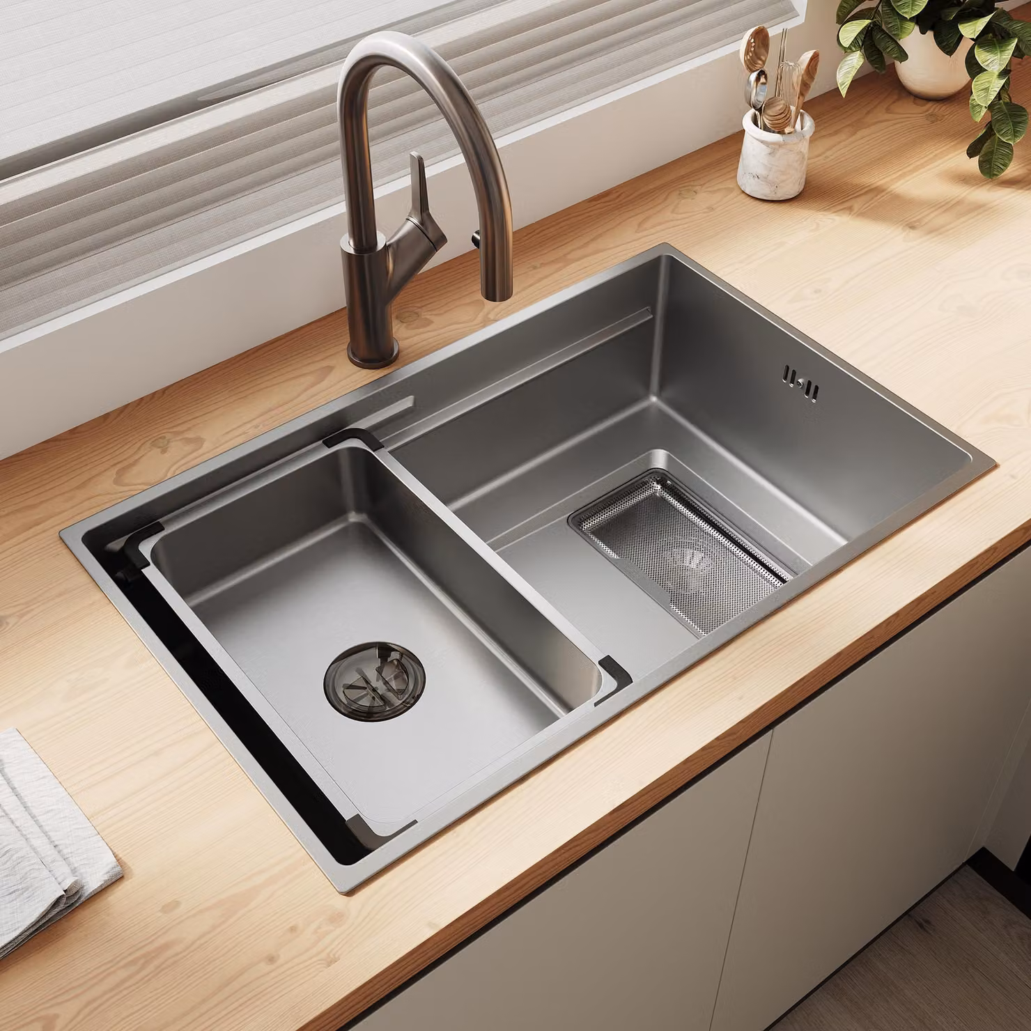 SONNI Lavello quadrato con bordo sottile 70 x 44 x 22,4 cm, nano-argento, con filtro rettangolare, sgocciolatoio
