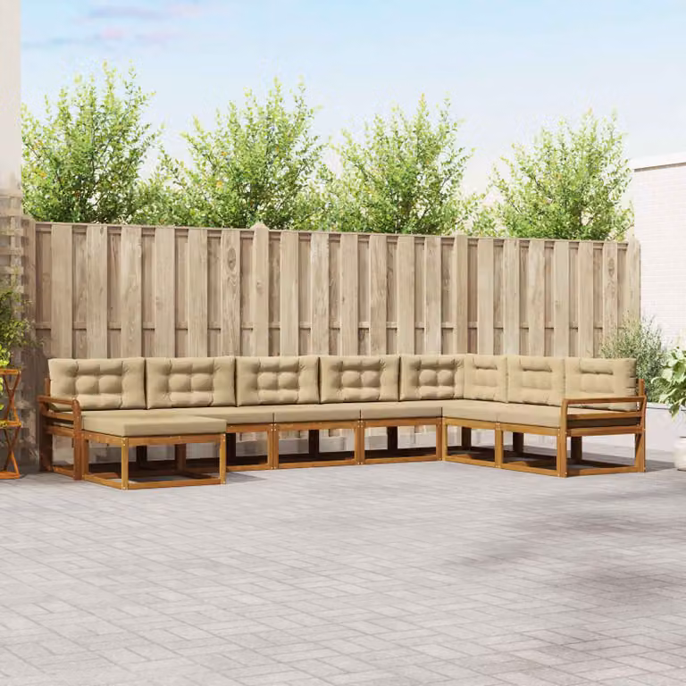 vidaXL Set di divani da esterno a L in legno di acacia con pouf e cuscini, Beige e Marrone