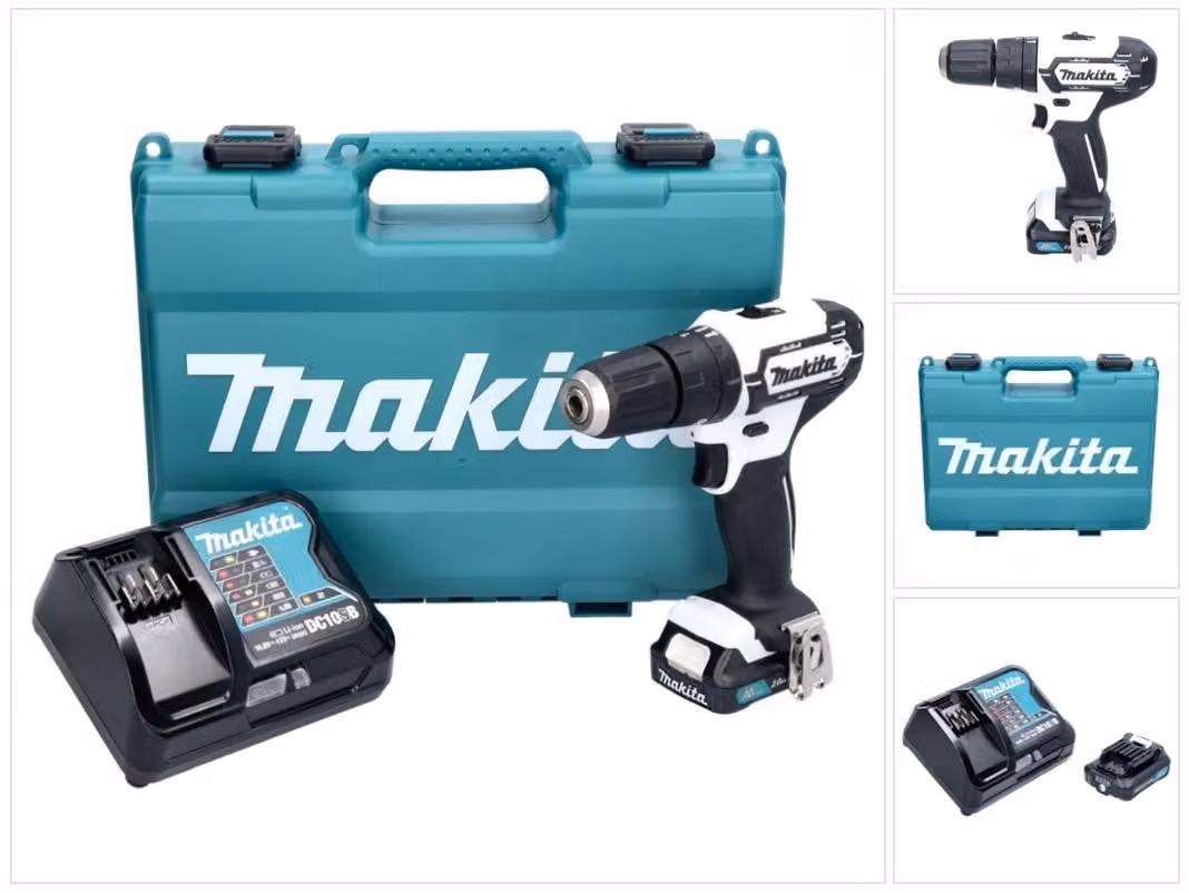 Makita HP 333 DSAW Trapano avvitatore a percussione a batteria 12 V 30 Nm Bianco + 1x batteria 2,0 Ah + caricabatteria + valigetta
