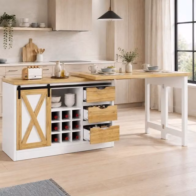 Isola cucina 120-197x40x72 cm con tavolo estensibile in MDF bianco