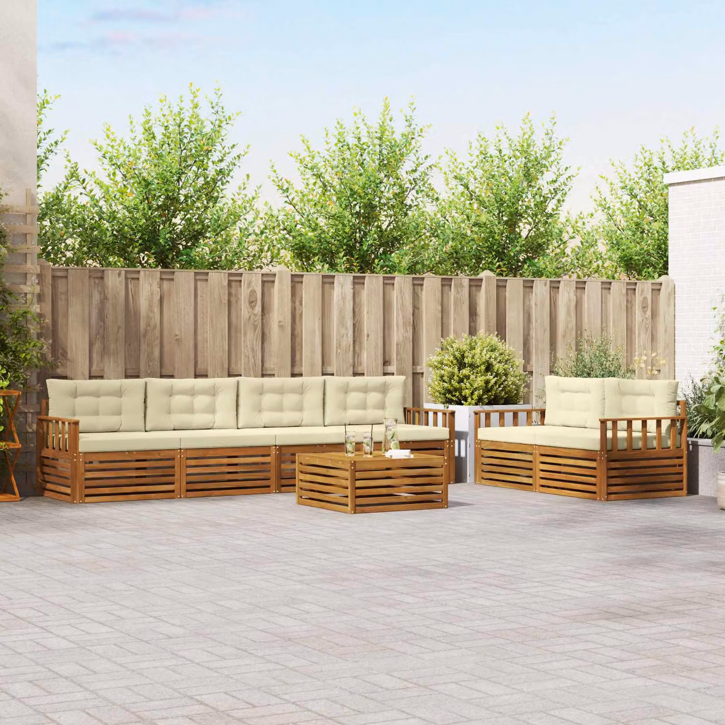 vidaXL Set di divani da esterno 7 pz in legno di acacia con cuscini, colore beige e marrone