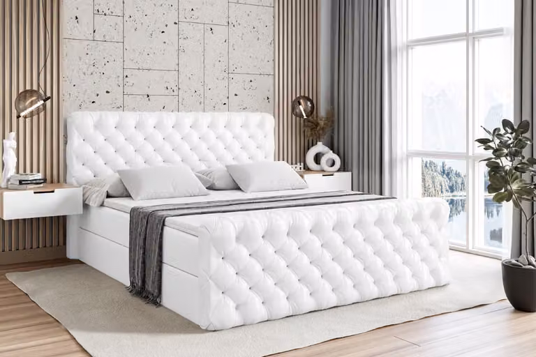 Letto boxspring ALTDECOR con pediera, materasso H3 e topper - 180x200 cm - BOXI8-Z - Pelle finta bianca - Letto imbottito con contenitore e rete a doghe, letto con spazio contenitivo