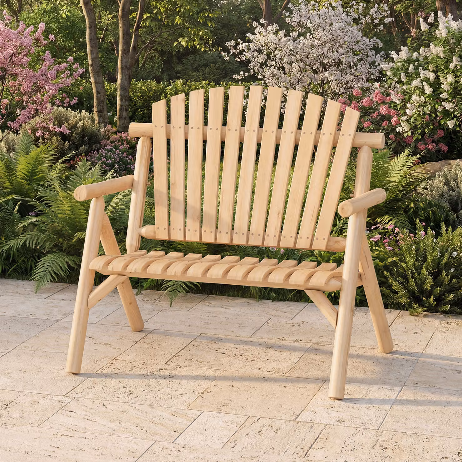 Panca da giardino Adirondack a 2 posti Costway in legno naturale con braccioli e schienale alto