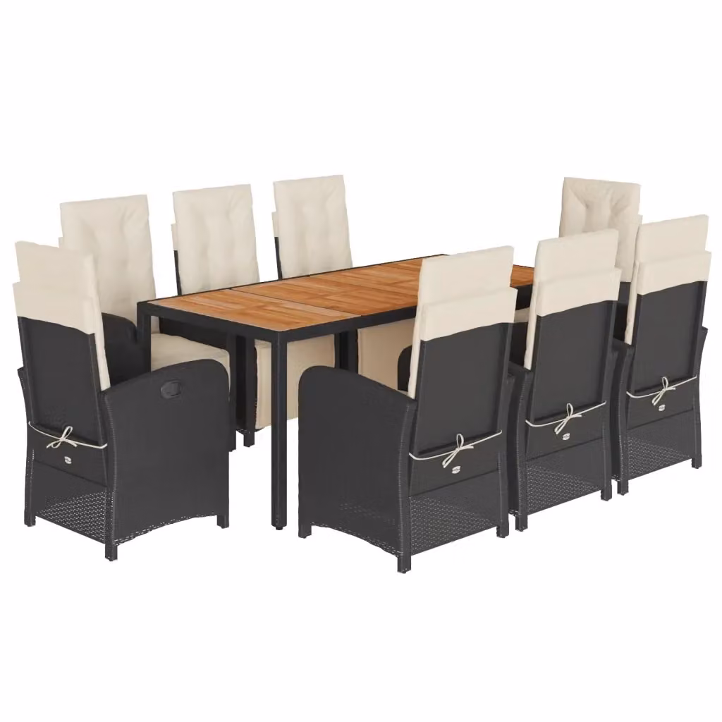 Set da pranzo da giardino vidaXL in polyrattan nero e bianco con cuscini e tavolo in legno di acacia – 2