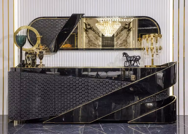 Credenza nera esclusiva, specchio di design, mobili in legno