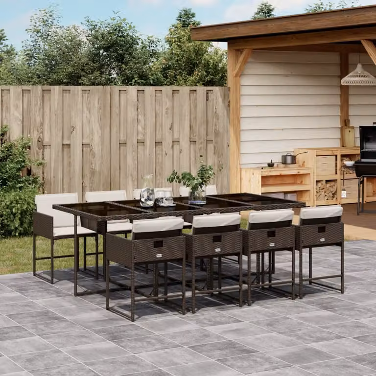 Set da Pranzo da Giardino vidaXL in Polyrattan Marrone con 9 Pezzi e Cuscini