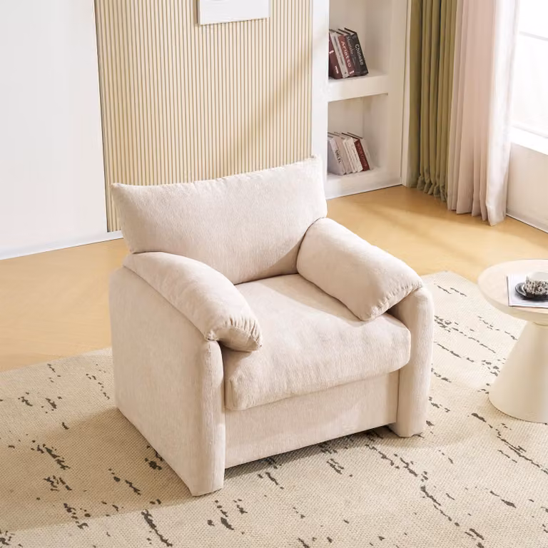 MODFU Poltrona relax imbottita dal design moderno, poltrona in tessuto ciniglia, adatta al soggiorno e alla camera da letto, beige