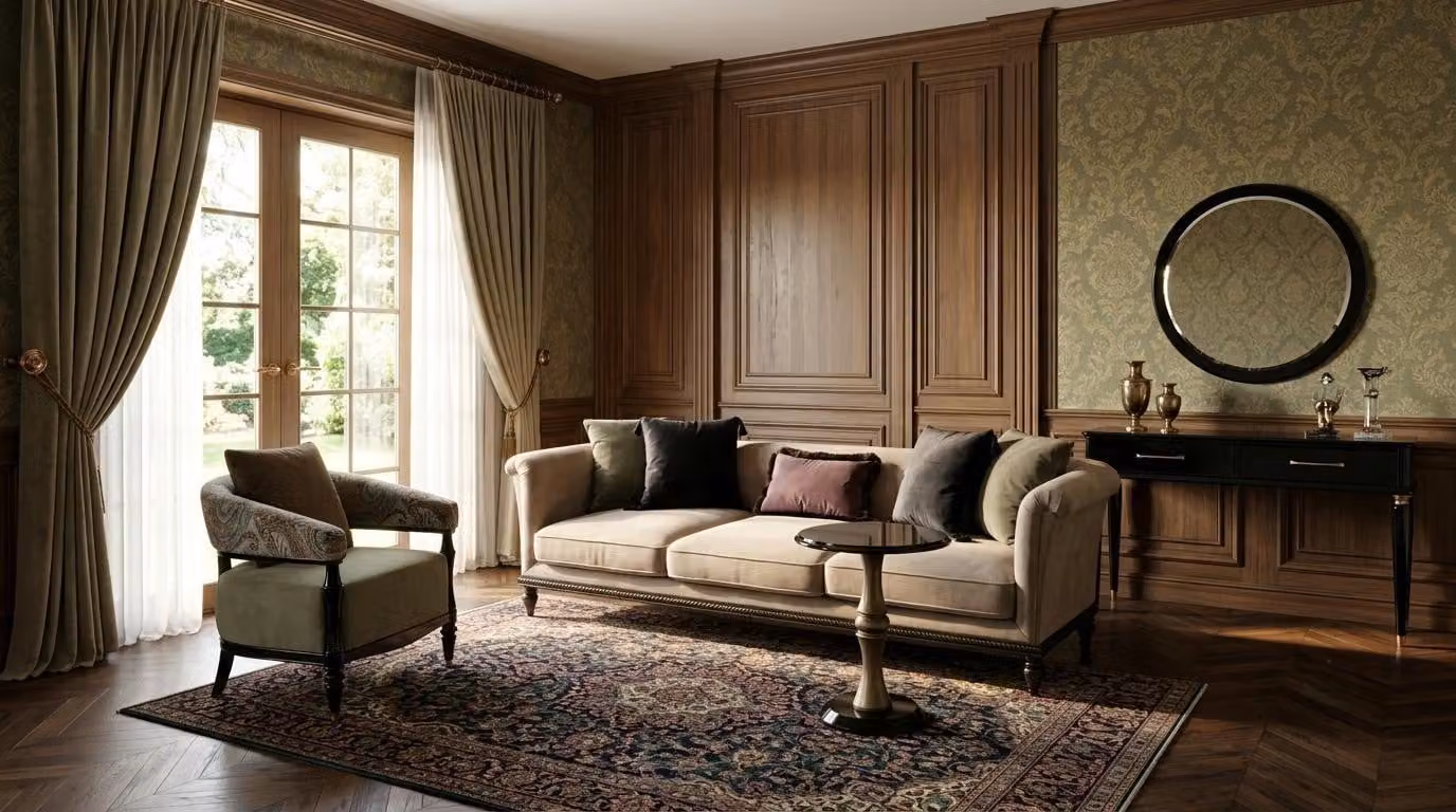Set soggiorno: divano a 3 posti, consolle, specchio, tavolino. Design moderno