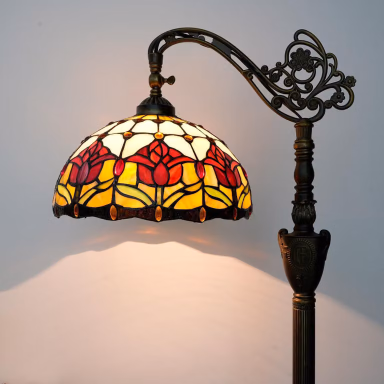 Lampada da terra - Paralume Tiffany vetro piombato - Tulipano rosso - 160 cm - Ottone anticato