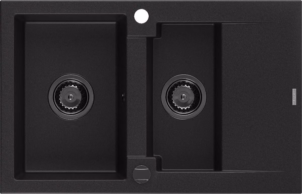 Mexen Gaspar lavello in granito 1,5 vasche con sgocciolatoio 737 x 475 mm, nero, sifone nero - 6507731505-77-B