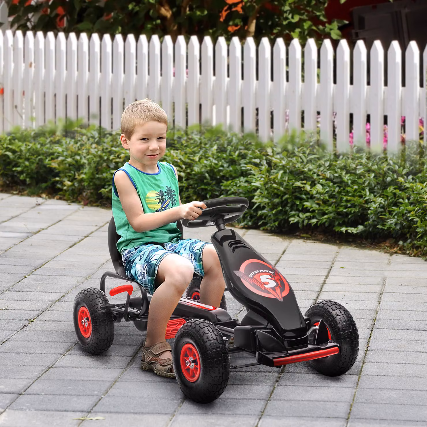 Go Kart a Pedali HOMCOM per Bambini con Sedile Regolabile e Ruote Gonfiabili, Rosso e Nero – 2