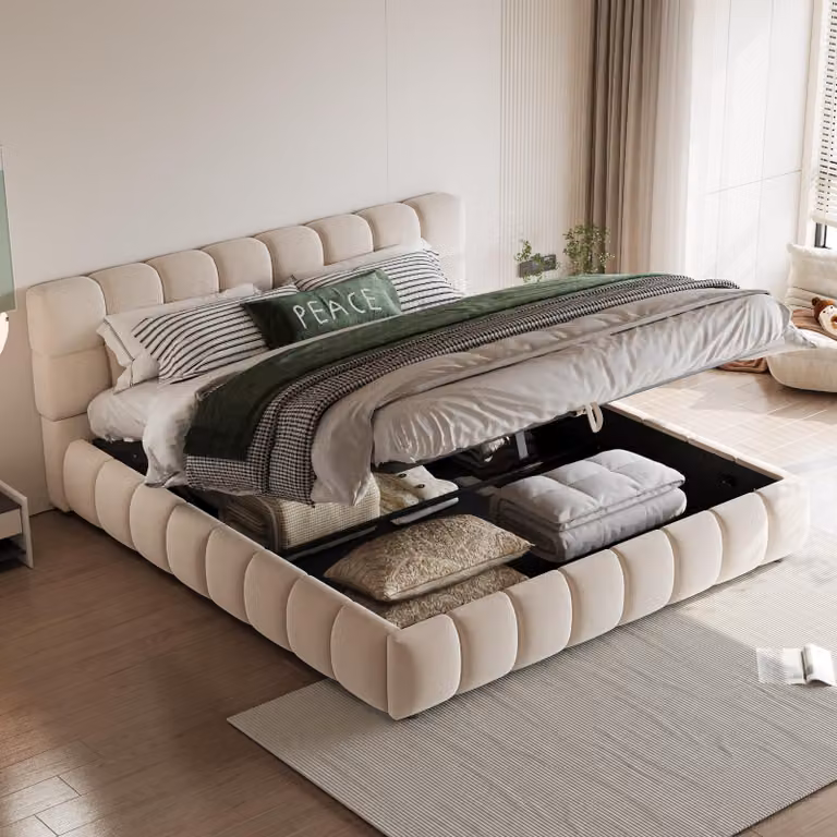 Letto imbottito Merax 140x190cm con contenitore idraulico, letto matrimoniale con tessuto in velluto e rete a doghe, testata con design voluminoso, beige